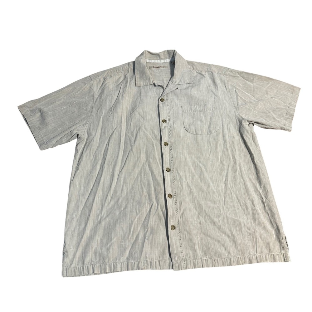 Tommy Bahama Mens Silk Cotton Blend Short Sleeve Button Down Shirt Size L Tan
